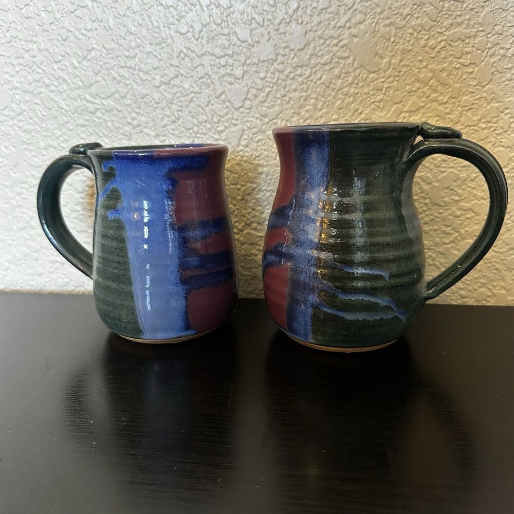 Set Of Two Artisan Handmade‎ Pottery Mugs Red Green Blue Uneven